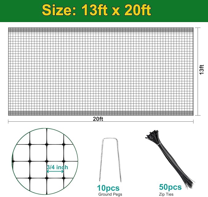 KLEWEE Bird Netting 13 x 20 FT Wide Heavy Duty Garden Netting Fine Mesh to Protect Fruit Trees, Plants and Vegetables from Birds, Deer, Squirrels and Other Animals
