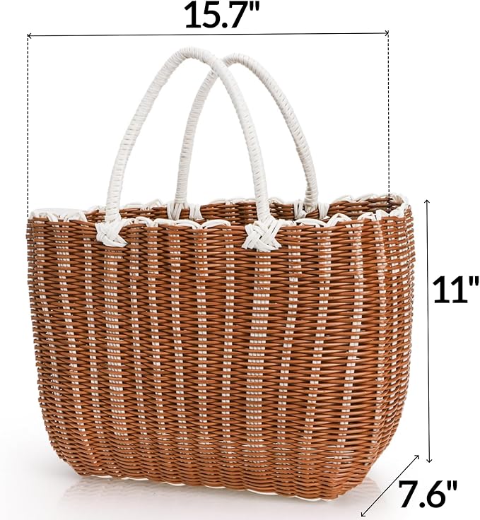 Poly Wicker Shopping Basket, Large Plastic Market Tote with Handles, Open Top Harvest Picnic Grocery Gift Basket, Woven Garden Bag for Gathering Vegetables Fruits, Foraging, Wedding, Party