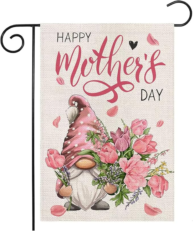 Mother's Day Garden Flag 12x18 Inch - Cute Gnome with Pink Flower Bouquet, Double-Sided "Happy Mother's Day" Outdoor Decor for Patio Yard Mom Gifts
