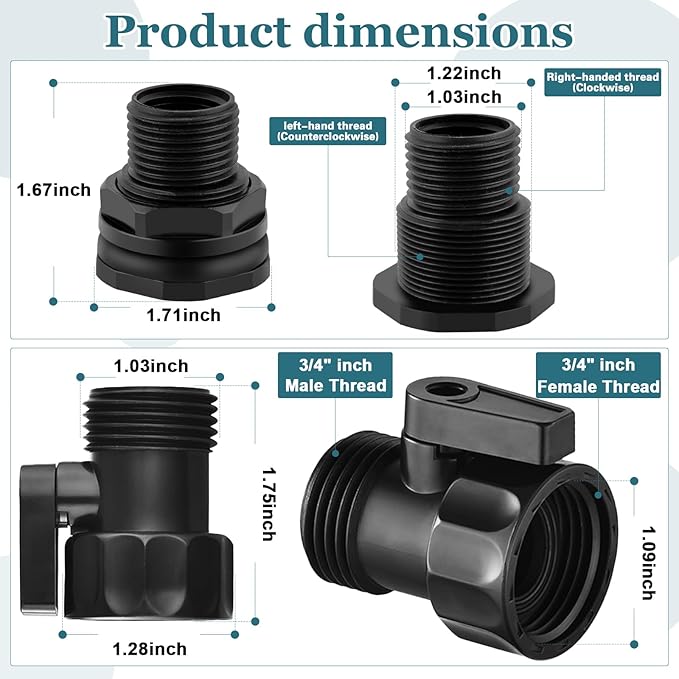 4 Pack Rain Barrel Spigot Kit, 3/4'' GHT Shut Off Valve with Bidirectional Thread Bulkhead Fitting, Plastic Garden Hose Faucet Adapter for Water Tanks, Rain Barrels & Containers