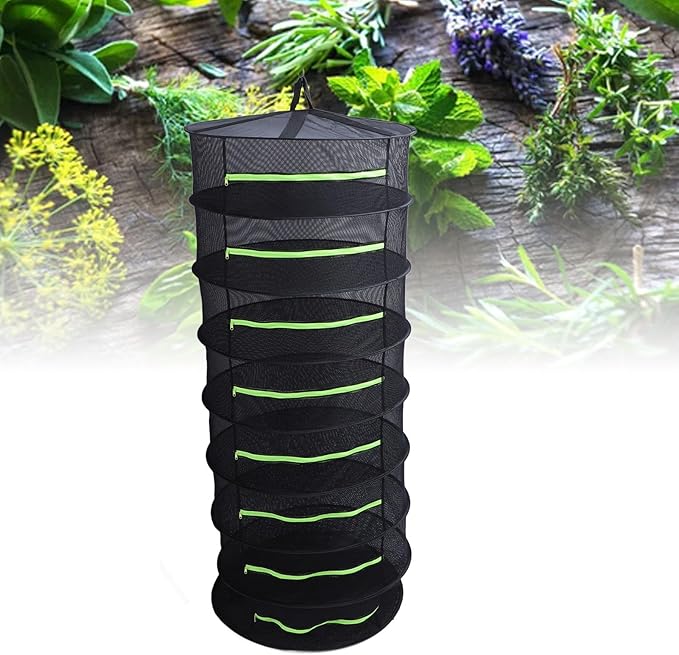 Herb Drying Rack, Opening Design, Fluorescent Green Zipper Cover, Multifunctional Wateright Hanging Mesh, Herb Dry Net for Garden (8 Layer)