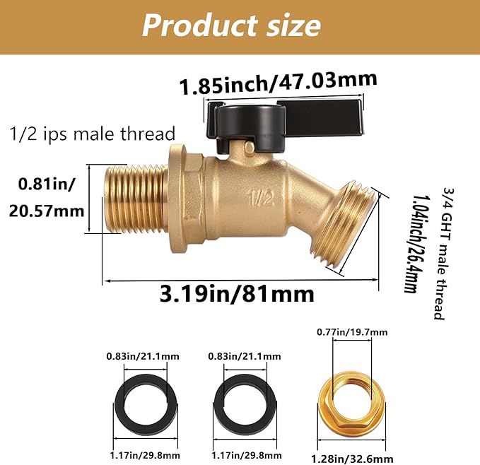 Brass Water Container/Rain Barrel Spigot, 3/4" GHT Male Threaded Quarter Turn Ball Valve with Bulkhead Fitting, Lead-Free,Rain Barrel Kit for Garden Hose Thread Connection