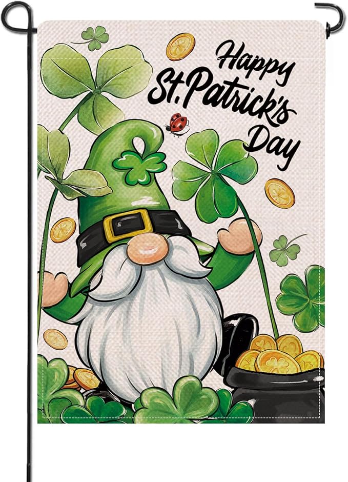 Artofy Happy St Patricks Day Gnome Small Decorative Garden Flag, Pot of Gold Lucky Shamrock Clover Yard Lawn Outside Decor, Irish Spring Burlap Outdoor Home Decoration Double Sided 12 x 18