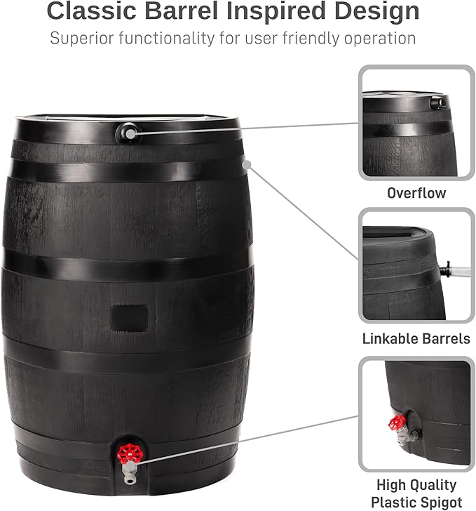 RTS Home Accents 50-Gallon ECO Rain Barrel Made with 100% Recycled Plastic, Flat Back Rain Water Collection Barrel, Soaker Hose Included, Black