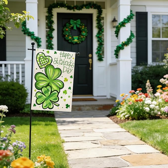Nanafast Happy St. Patrick's Day Garden Flag Double Sided 12x18 Inch Shamrock Clover Garden Flags for Outside Yard Decoration