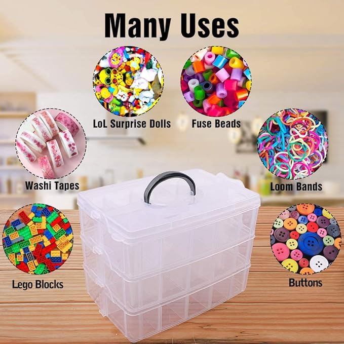 SGHUO 3-Tier Stackable Storage Container Box with Dividers-30 Compartments, Bead Organizers for Art Craft Storage, Washi Tape, Kids Toys, Jewelry, Beauty & Sewing Supplies
