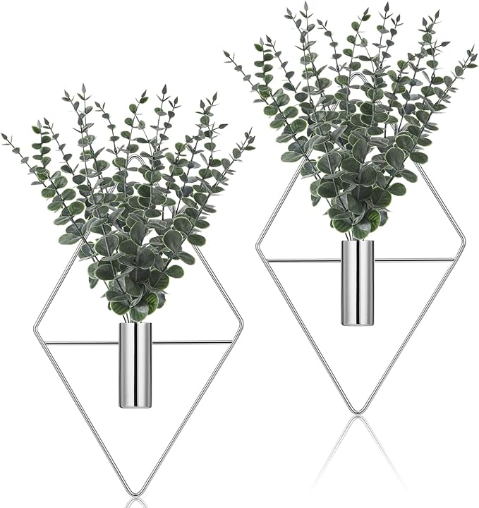 Jexine 4 Pcs Hanging Planters with Artificial Eucalyptus, Chrome Silver Wall Decor Metal Hanging Vase Indoor Plants Holder Modern Geometric Bathroom Decor for Living Room Home Office