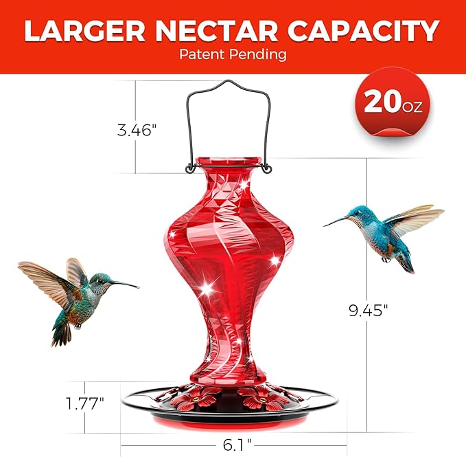Glass Hummingbird Feeder for Outdoors Hanging, Bird Nectar Feeder with Perch & 5 Flower Feeding Ports, 20 Oz Leak Proof for Outside Garden Decor Backyard, Gifts for Women Mom, Red