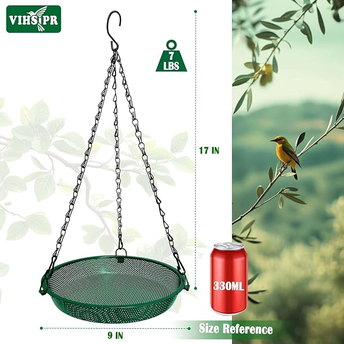 Platform Hanging Bird Feeder for Outdoors – Metal Mesh Seed Tray to Attract Wild Birds, Round 9 in, Green