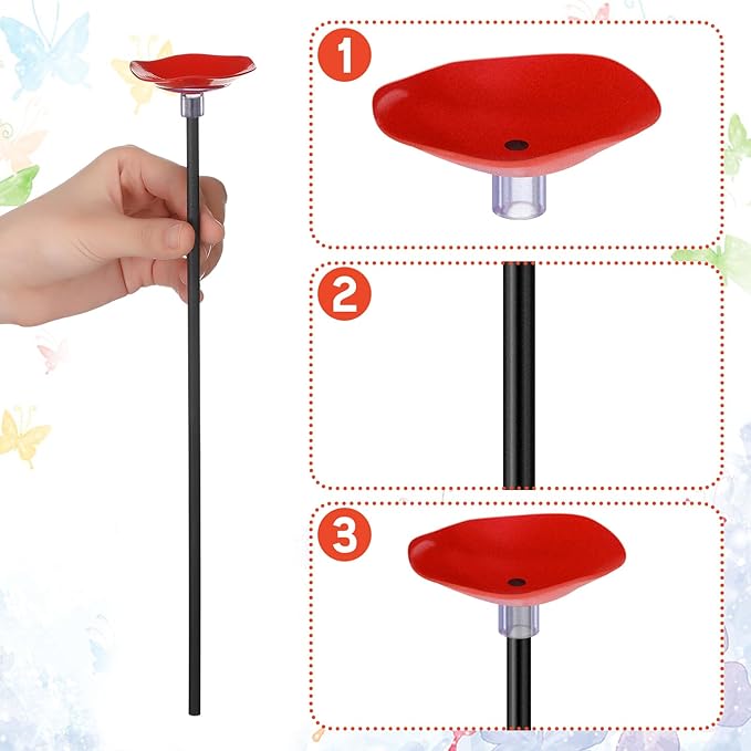 3 Pcs Bee Watering Station Set Metal Bee and Butterfly Feeders with Metal Stake Bird Butterfly Bath Bowl Cup for Poppy Flower Garden Lawn Outdoor Garden Yard Patio Decor (Red Yellow Orange)