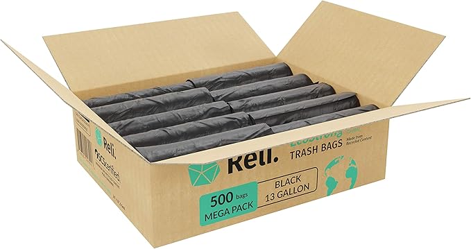 Reli. EcoStrong 13 Gallon Trash Bags | 500 Count Bulk | Black | Eco-Friendly | Made from Recycled Material