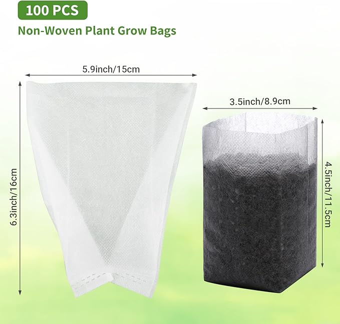 GREANER 100PCS Biodegradable Plant Bags, 5.9x6.3 inches Non Woven Seedling Bags for Planting, Garden Seed Starters Pouchs for Vegetables, Flowers, Indoors and Outdoor Use