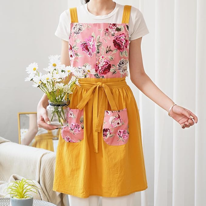 Vintage Pinafore Apron Dress for Women with Pockets Cute Floral Chef Aprons for Kitchen Cooking Baking Gardening