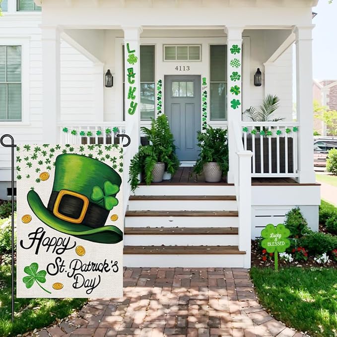 Happy St Patricks Day Garden Flag Burlap 12x18 Double Sided, Green Hat Shamrocks Lucky Clover Holiday Party Sign Small Flags Yard Outdoor Decorations DF660