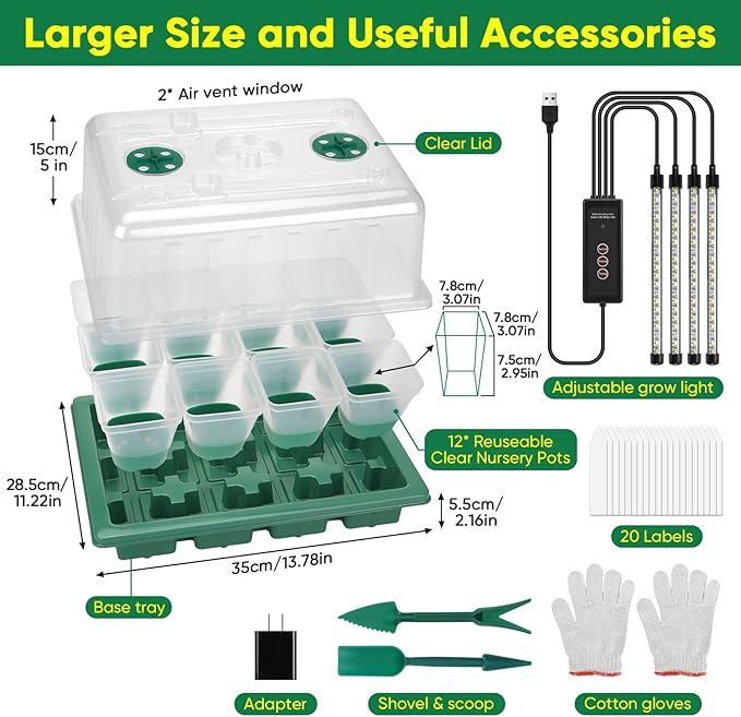 BlumWay Seed Starter Tray with Grow Light,24 Pack 2.9 inch Reuseable Clear Nursery Pots with Silicone Base/Humidity Dome for Deep-Rooted Seedlings,Adjustable Timed Light Plant Starter Set