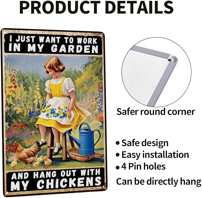 Chicken Signs 8x12 Inch Garden Metal Tin Sign Vintage I Just Want To Work In My Garden And Hang Out With My Chickens Outdoor Wall Decor