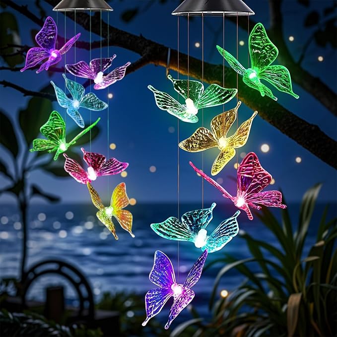 Solar Wind Chimes Outdoor Color Changing Lights,Solar Butterfly Gift for Women Mom Grandma,Waterproof Outdoor Solar Powered Lights for Garden Patio Yard Home Decor