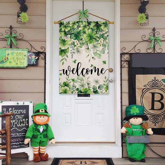 AVOIN colorlife St Patricks Day Floral House Flag 28x40 Inch Double Sided Outside, Shamrock Lucky Clover Welcome Yard Outdoor Flag