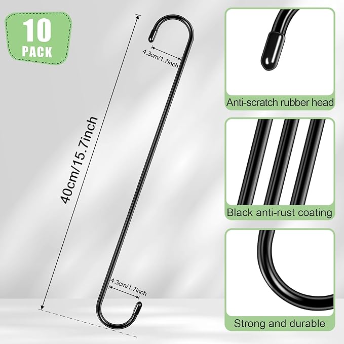 10 Pack Extra Large S Hooks, 16 Inch Heavy Duty Long for Hanging Plants Baskets Bird Feeder on Tree Branch, Utility for Garden Pergola Pots Plants Closet Patio, Indoor Outdoor