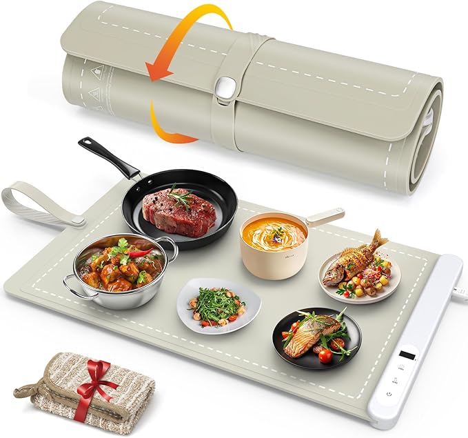 FYY Warming Mat for Food - Rapid and Full Surface Heating, 6 Temp Settings, 6H Timer, Rollable Portable Food Warming Mat, Ideal for Gatherings, Parties, Keep Meal Warm (X Large Size, Khaki)