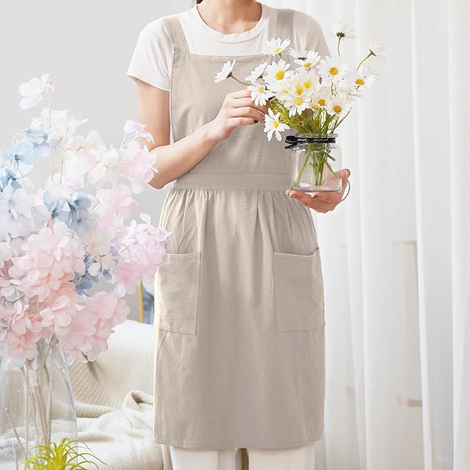 Cotton Linen Pinafore Apron Dress for Women with Pockets Cute Art Chef Aprons for Kitchen Baking Gardening Painting