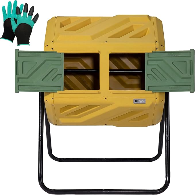 Updated 43 Gallon Dual-Chamber Compost Bin, Fast Assembly Outdoor Compost Tumbler, Rotating Batch Composter Bin with Gloves for Garden, Kitchen, and Yard