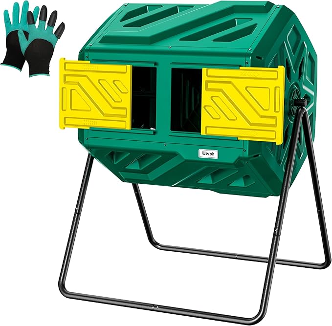 43 Gallon Compost Bin with Gloves, Fast Assembly & Easy Setup Outdoor Compost Tumbler, Updated Dual Chamber Tumbling Composter for Garden, Kitchen, and Yard Waste, Green