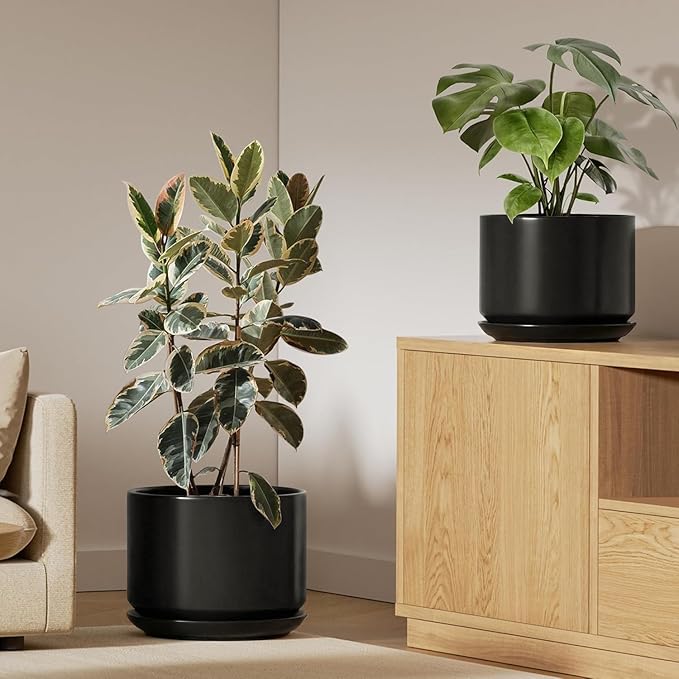 LE TAUCI Ceramic Pots for Plants, Set of 2, 10 + 12 Inch Plant Pot with Drainage Hole and Saucer, Durable & Stylish Planters for Indoor Plants, Elevate Your Home’s Aesthetic, Black