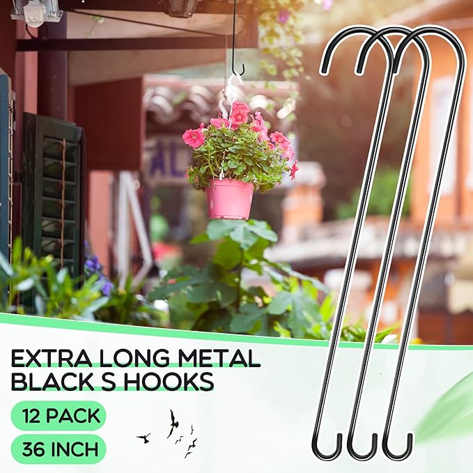 12 Pack 36 Inch Extra Long S Hooks for Hanging Plants, Heavy Duty Metal Tree Branch Hangers for Bird Feeders Flower Baskets Lanterns Black Vinyl Coated Garden Extension Hooks