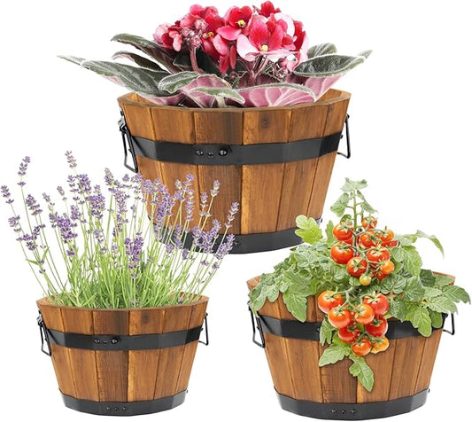 Idzo Set of 3 Wooden Upgraded Brown Orange Flower Boxes Outdoor, Durable Acacia Wood Barrel Planters for Outdoor Plants with Ergonomic Handles, Drainage Holes, Multiple Sizes Wood Bucket Planter