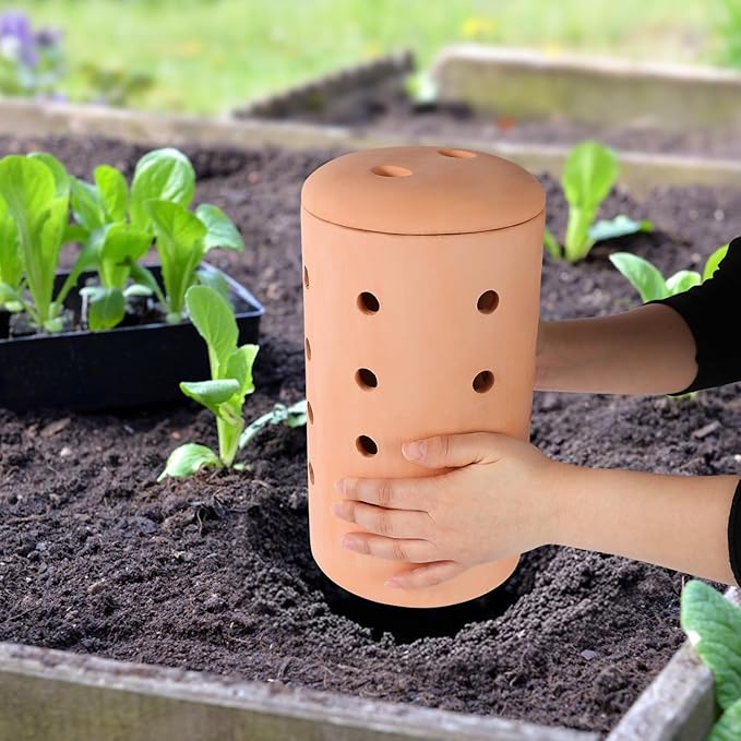 Underground Worm Farm Garden Red Pottery 11Inch vermicomposting Bin for use in Outdoor Gardening with Holes and Lid Outdoor Worm Compost Bin for Garden Beds & Home Use