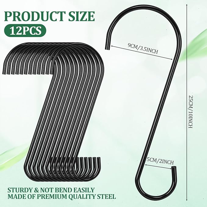 12 Pack 10 Inch Medium S Hooks for Hanging Plants & Closet Organization, Black Vinyl Coated Metal Hangers for Jeans Purses Towels Bird Feeders Heavy Duty Utility Metal Hooks