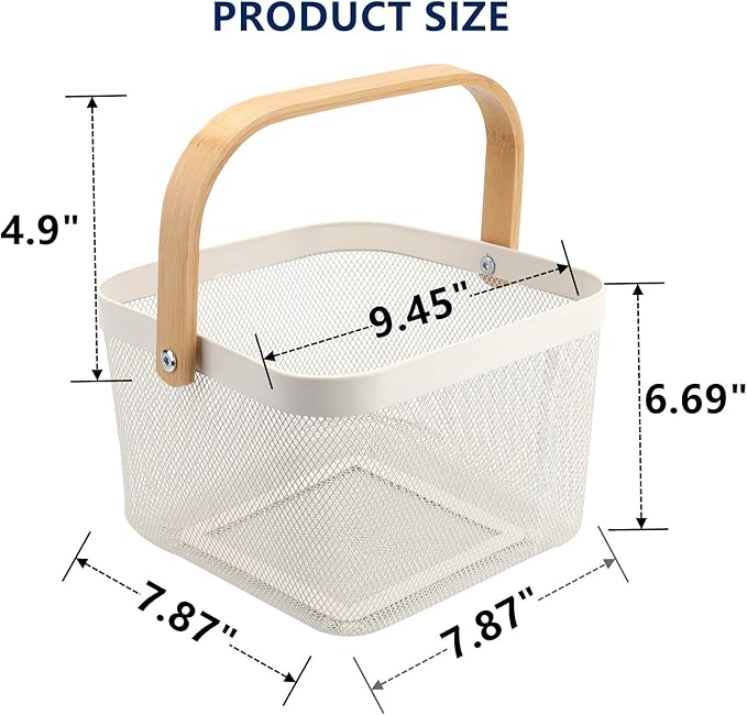 Yopay Mesh Steel Fruit Basket Bin with Wood Handle, White Hanging Storage Organizer, Farmhouse Harvest Gardening Basket for Cabinets, Cupboards, Shelves, Bathroom, Picnic, Shopping