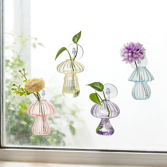 Window Propagation Stations, 4 pcs Colored Mushroom Plant Propagation Station with Suction Cups, Easy to Install Window Hanging Planer, Indoor No Nails Glass Vase Terrarium for Plants&Flowers