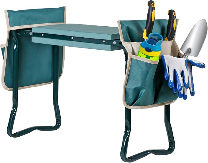 HomGarden Upgraded Folding Garden Kneeler Seat Bench Stool w/Thicken & Widen Soft Kneeling Pad, Portable Heavy Duty Gardener Stool with 2 Large Tool Pouchs for Women Men Seniors