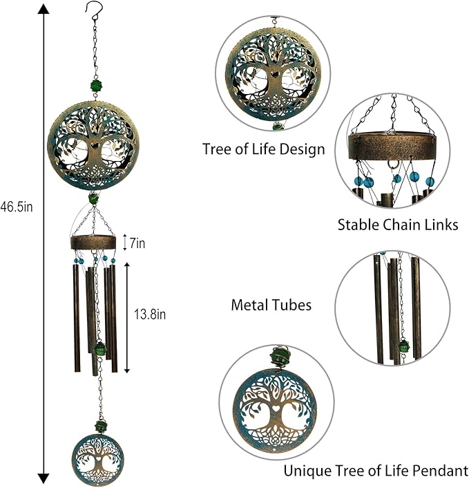 Solar Tree of Life Wind Chimes,46.5" Sympathy Wind Chimes Outdoor Deep Tone Unique for Mom Women Grandma, Memorial Retirement Gifts, Garden Patio Balcony Yard Home Decor
