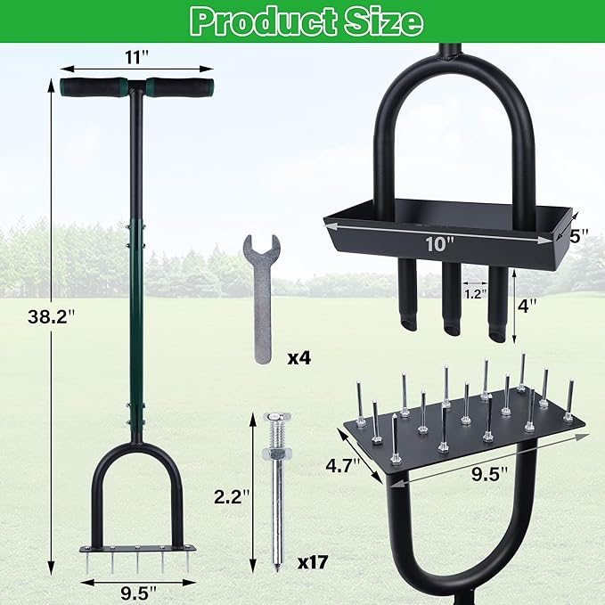 yofit 3-in-1 Manual Lawn Aerator Tool - Core & Spike Aerator with Changeable Heads (15 & 5 Spikes, Coring Head), Yard Aerators Tools with for Lawn Care, Grass Plug, Garden Soil (38.2 Inch)