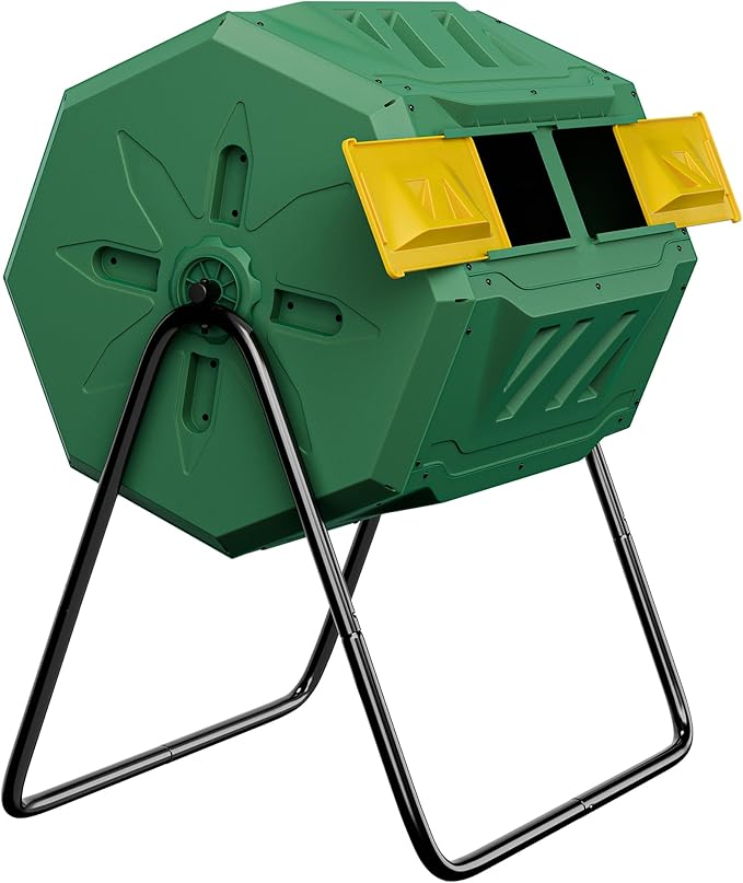 43 Gallon Large Dual Chamber Composting Tumbler Outdoor Garden Rotating Compost Bin Tumbling Composter with Sliding Door, Green