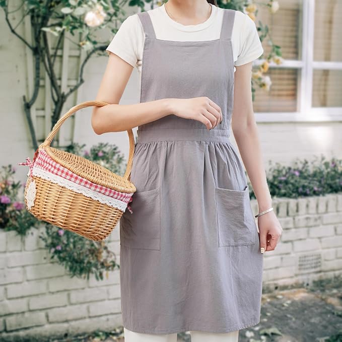 Cotton Linen Pinafore Apron Dress for Women with Pockets Cute Art Chef Aprons for Kitchen Baking Gardening Painting