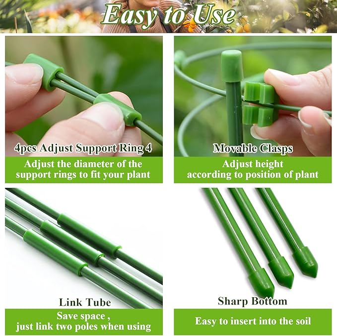 Legigo 3 Pack 24 Inch Plant Support Cages Tomato Cage for Garden- Plant Cages Adjustable Rings, Tomato Plant Support Stakes Trellis for Pots, Peppers, Cucumbers and Flowers with 10 Plant Clips