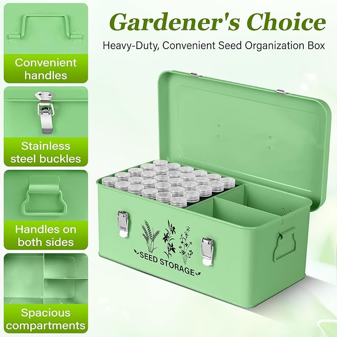 Seed Storage Box Organizer - Metal Garden Seed Storage Container Kit with 60 Vials, 30 Plant Tags, 20 Envelopes, Funnel & Labels - Moisture-Proof Seed Bank for Long Term Storage