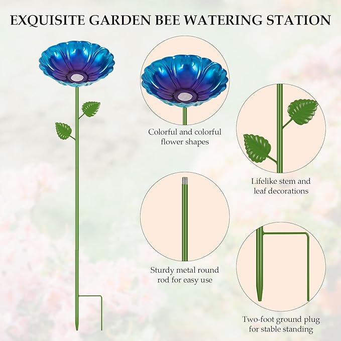 Bee Watering Station | 4 Pack Bee Baths for Garden | Metal Flowers Decorative Garden Stakes | Butterfly Feeder for Outside Garden Yard Decor (Red,Green,Blue,Yellow)