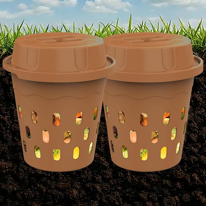 2-Pack InGround Compost Bin for Garden Beds, 8L Worm Composter Farm for Faster Composting, Worm Composter Kit with Aeration, Animal-Proof Lid for Beginners (9.5x9.5x10.8Inch) (2, Gold)