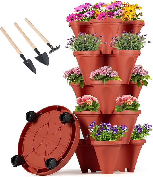GameXcel Vertical Planter 5 Tier Stackable Planters Garden Planters Strawberry Herb Flower and Vegetable Planter Indoor Outdoor Gardening Pots with Removable Wheels and Tools