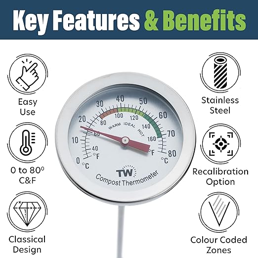 Compost Thermometer Stainless Steel Dial - Ideal Composting Soil Thermometer with 50MM Diameter C and F Dial and 295MM Compost Temperature Gauge Probe