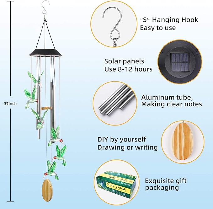 Wind Chimes,Hummingbird Solar Wind Chimes for Outside,Aluminum Tubes Memorial Wind Bell for Garden/Patio Decor Thanksgiving Gifts for Mom, Wife, Grandma Neighbors(25 Inch Deep Tone)