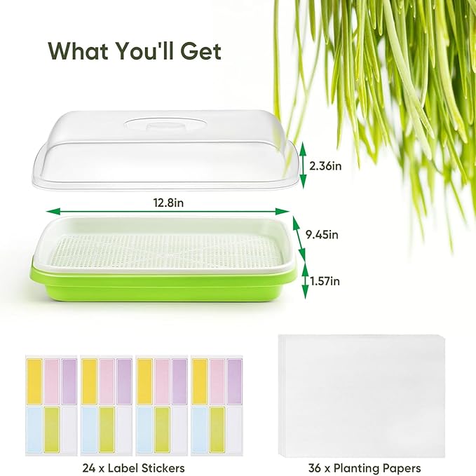 12 Pack Green Seed Sprouter Trays with Lid, Soil-Free Cultivation Germination Tray, Fodder Sprouting Trays Nursery Tray with Planting Paper for Indoors Outdoors