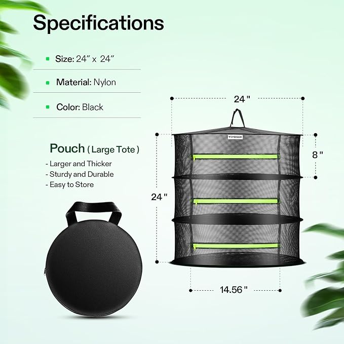 VIVOSUN 3-Layer Mesh Drying Rack Hanging Design with Green Zippers for Dehydrating, Indoor and Outdoor Pruning Shears Included (Pack of 2)