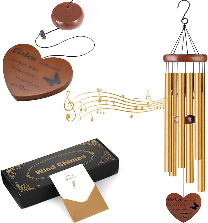 Memorial Wind Chimes for Loss of Mother or Father – Personalized Sympathy Wind Chimes for Outside, Bereavement Gift for Loss of Loved One, Unique Outdoor Memorial Gifts – Gold