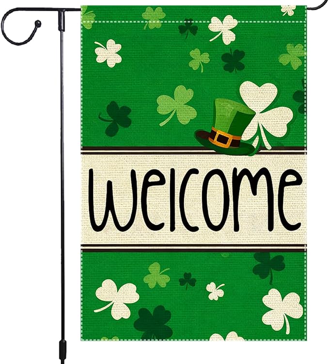 St Patrick's Day Garden Flag 12x18 Inch Double Sided Burlap Welcome Shamrock Leprechaun Hat Green Clover Pattern Outdoor Yard Decor